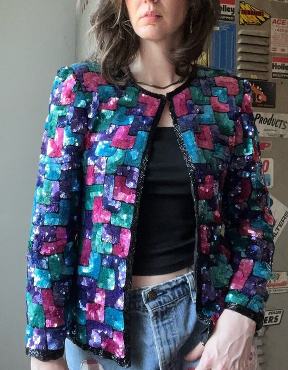 Vintage Jackets & Blazers - Vintage 80s Silk Sequin Jacket | Colorblock Sequin Blazer | Size M
